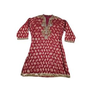 Lakshita 3/4 Long Sleeve Kurta Men's One‎ Size Red Bohemian Ethnic Indian Hippie